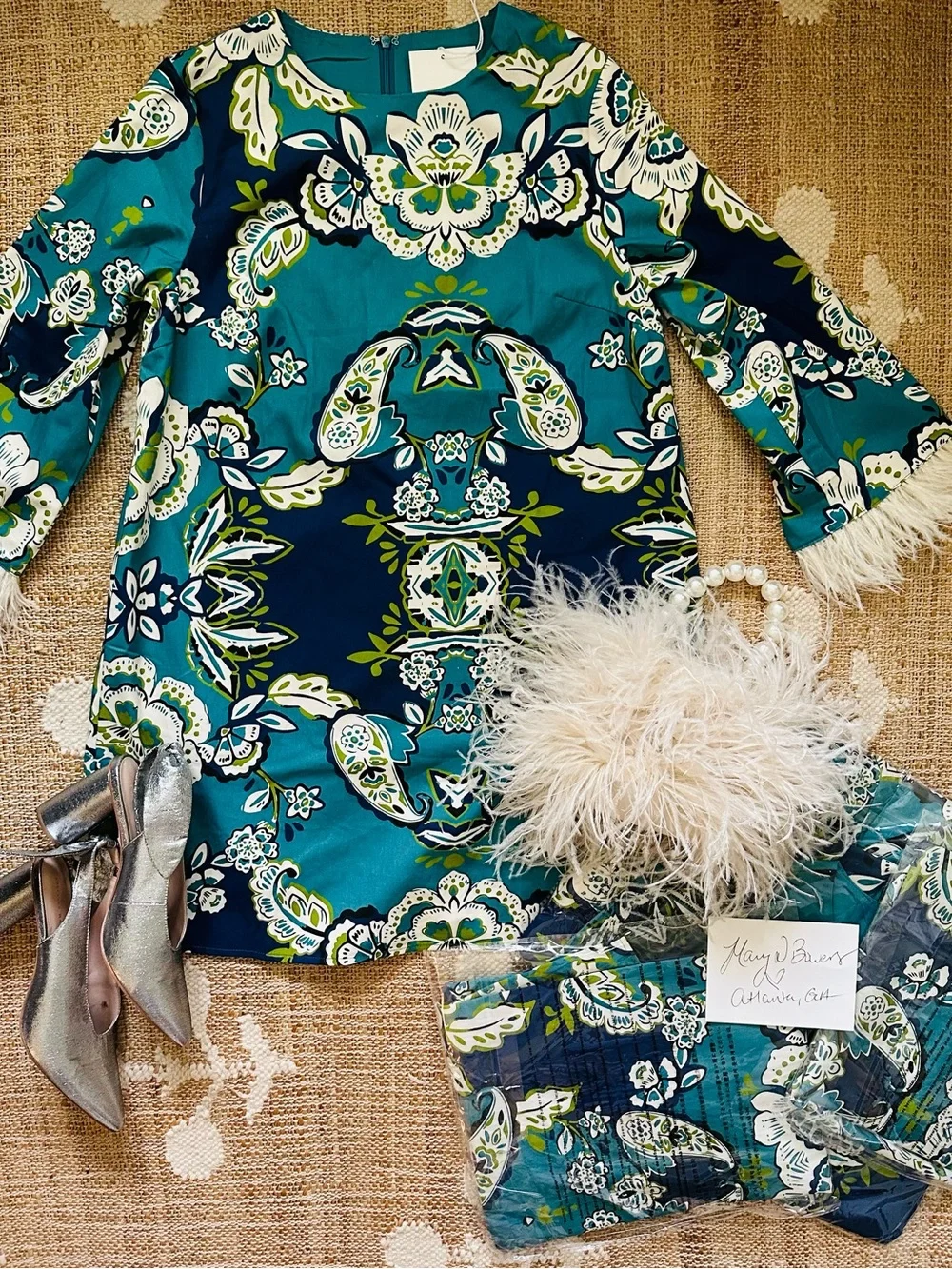 LOVE! Feather Trim Cuffed Jewel Tone Paisley Shift Dress Sz S M L Tuckernuck - Picture 7 of 8